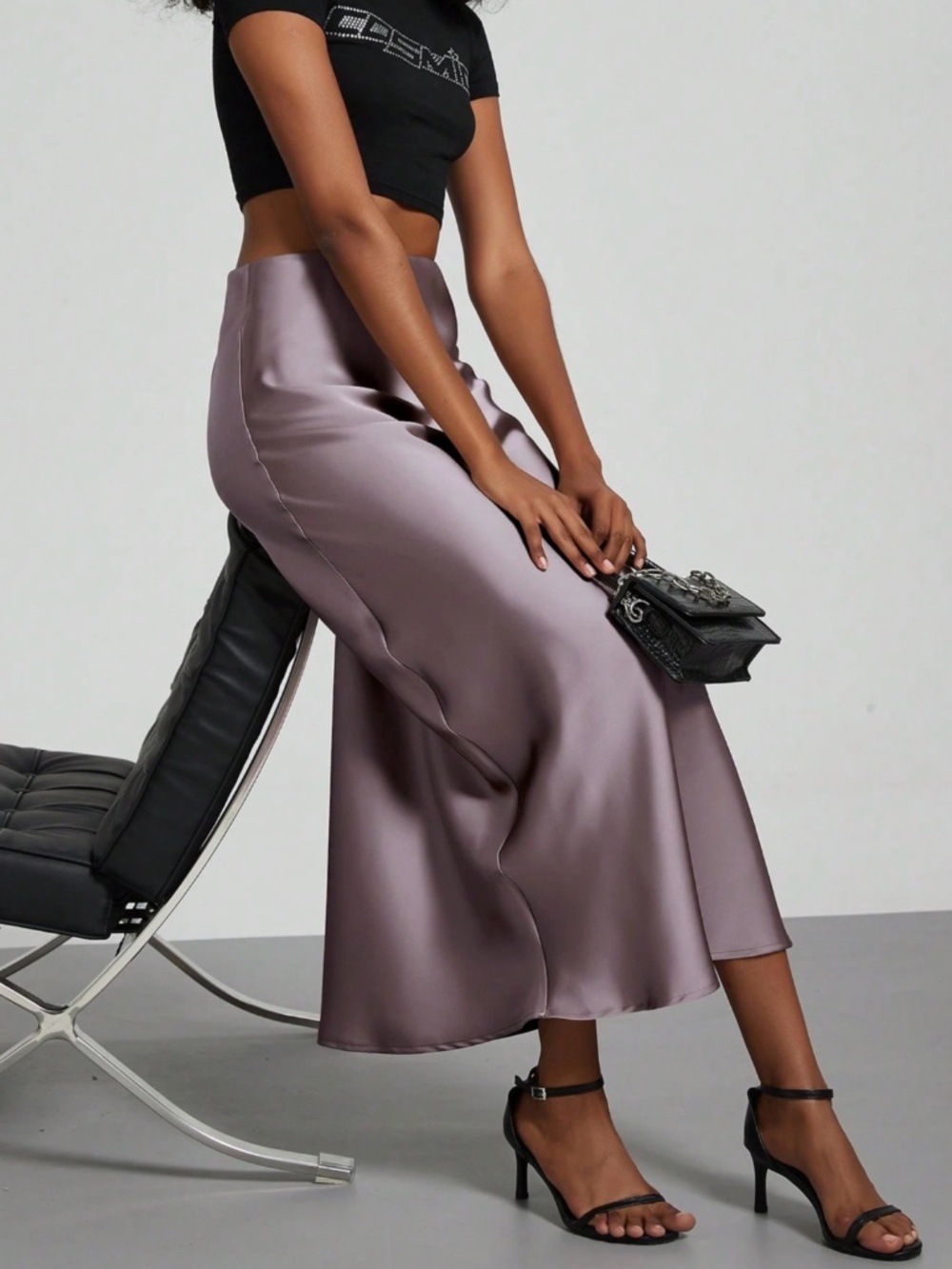 Violet Grey Violet Satin A-Line Skirt High Waisted Long